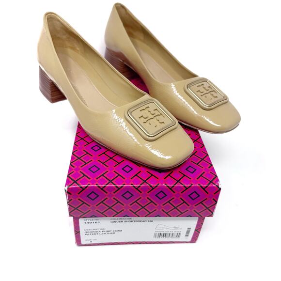 TORY BURCH Georgia Tan Patent Leather Square Toe Georgia Heels Pumps Size US 8 - Picture 1 of 9